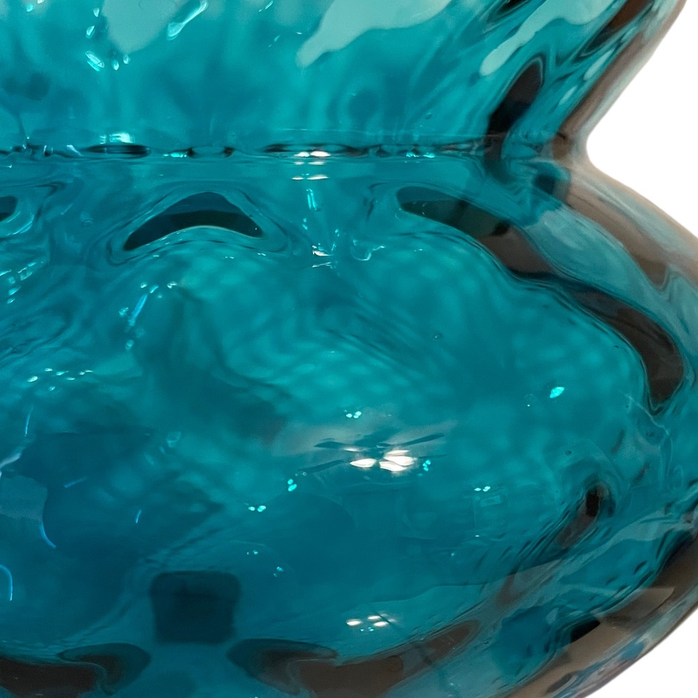 Vintage MCM Empoli Teal Blue Optic Glass Stemmed Fluted Vase Compote Bowl 12" - Picture 4 of 6